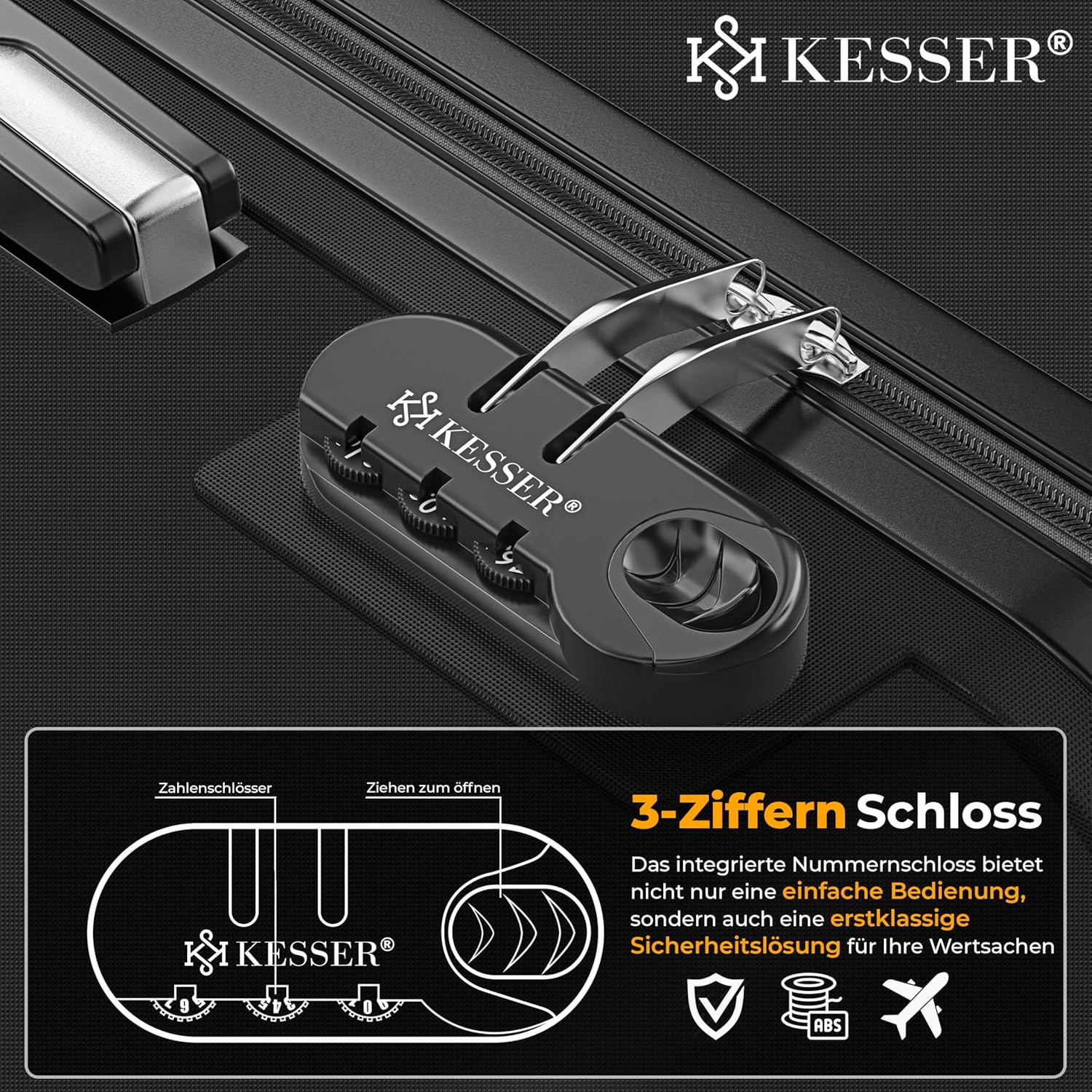 Kofferset - 3 delig - Trolley - Reiskofferset - Zwart - KESSER®