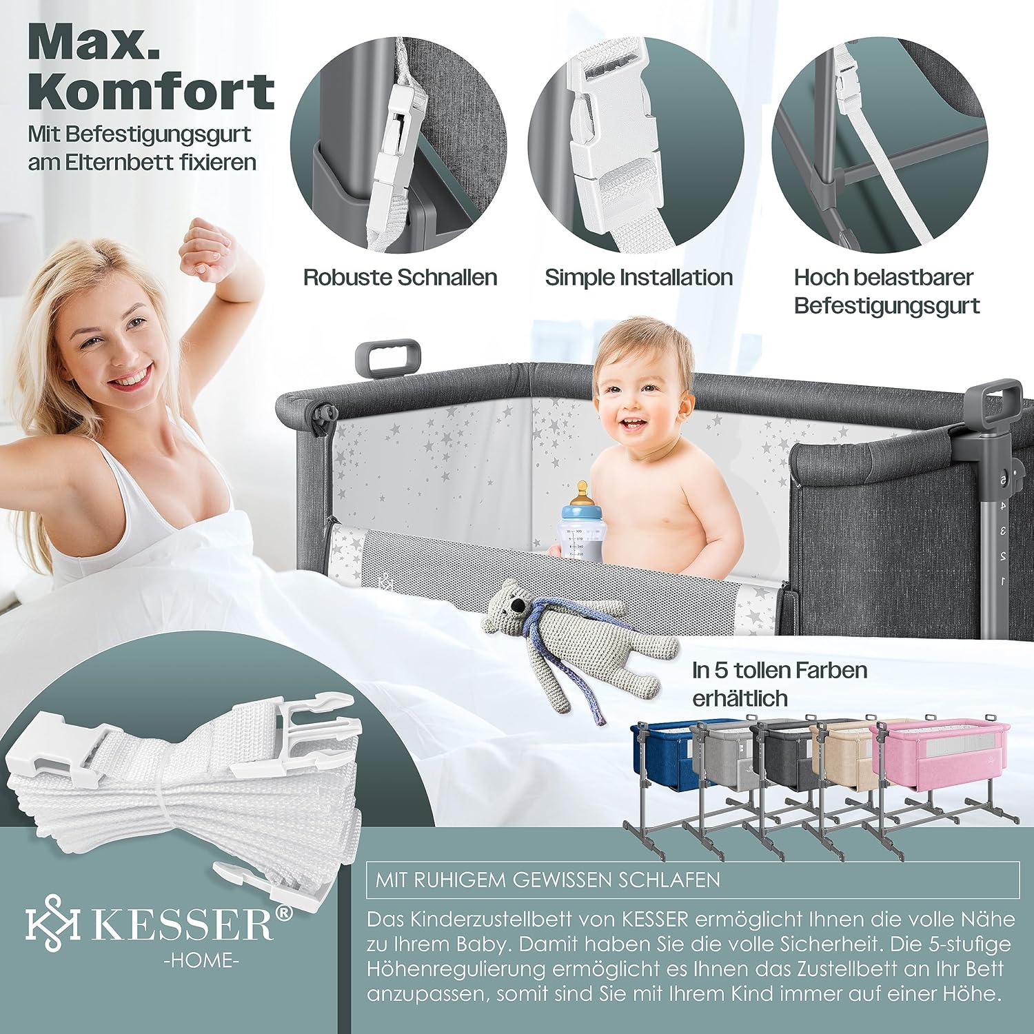KESSER® 3in1 Ledikant - Babybed - Verstelbaar - Inklapbaar - Grijs •