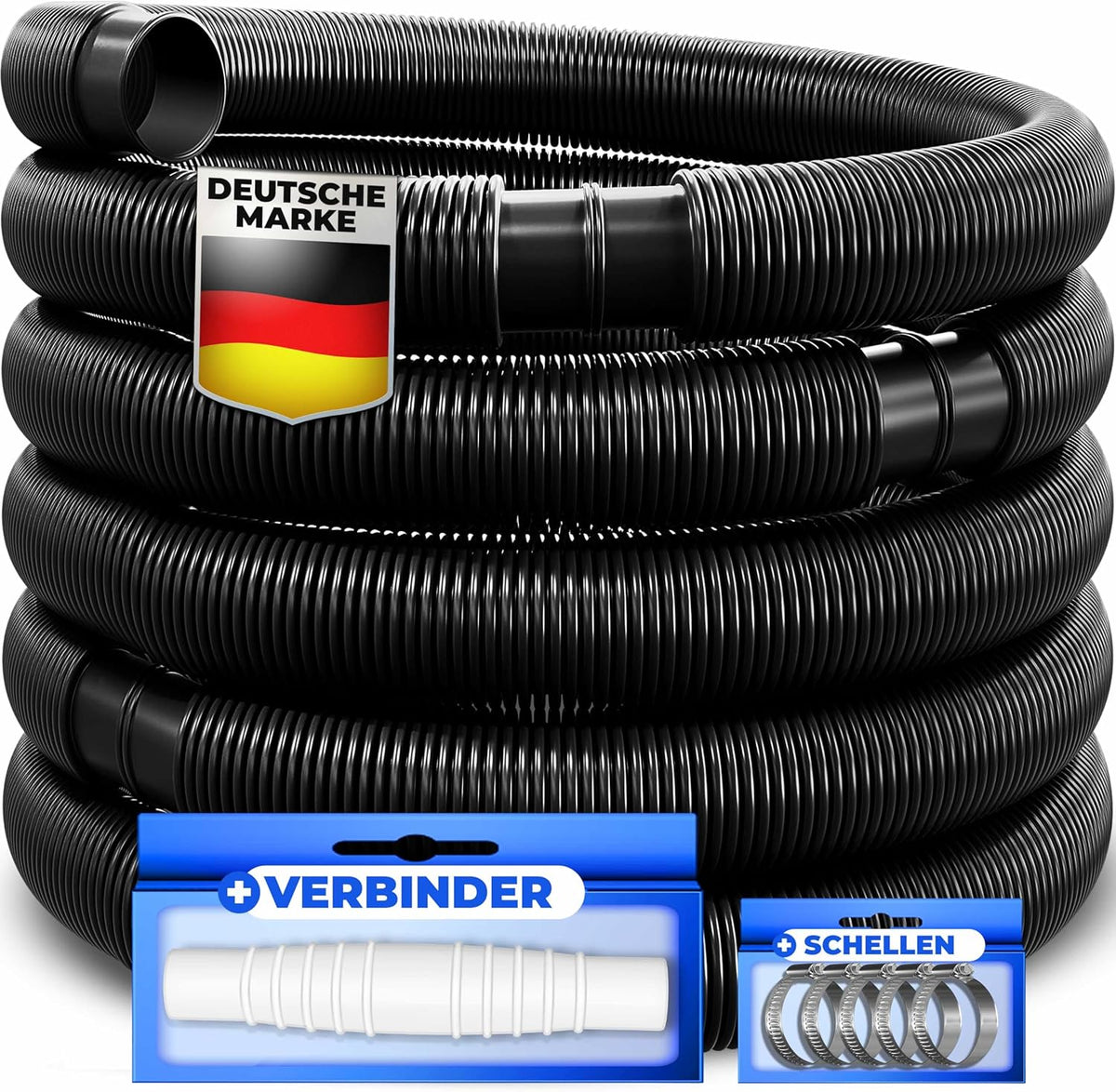 KESSER® Zwembadslang 10 m / Ø 38 mm | zwembadslang met | zonne-slang voor zwembad | zuigslang | pompslang | flexibele waterslang incl. slangklemmen en -verbinding | zwart