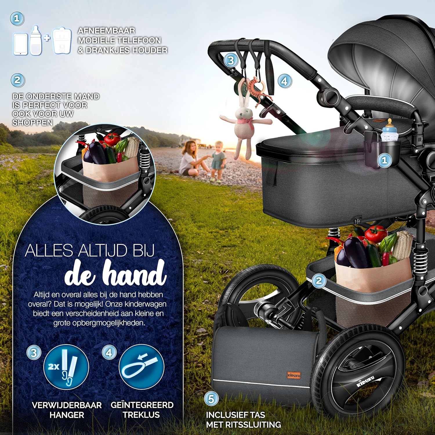 Kinderwagen 3 in 1 - Buggy - Wandelwagen - Kinderbuggy - Antraciet - KIDUKU®