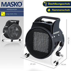 MASKO® Elektrische verwarming, ventilatorkachel, bouwverwarming, keramische warmtestraler, elektrische verwarming met thermostaat, elektrische verwarming met 3 warmtestanden, verwarmingsventilator