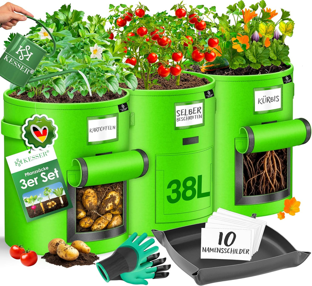 KESSER® Aardappelplantenzak - 3-delige set - 38L - Wwasbaar - Groen