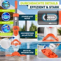 tillvex Zwembadzuiger met accu en telescoopstang tot 15 m³, elektrische zwembadreiniger met 2 filters, 60 minuten looptijd en turbomodus, handstofzuiger, reinigingsset, draadloos (oranje/antraciet) •