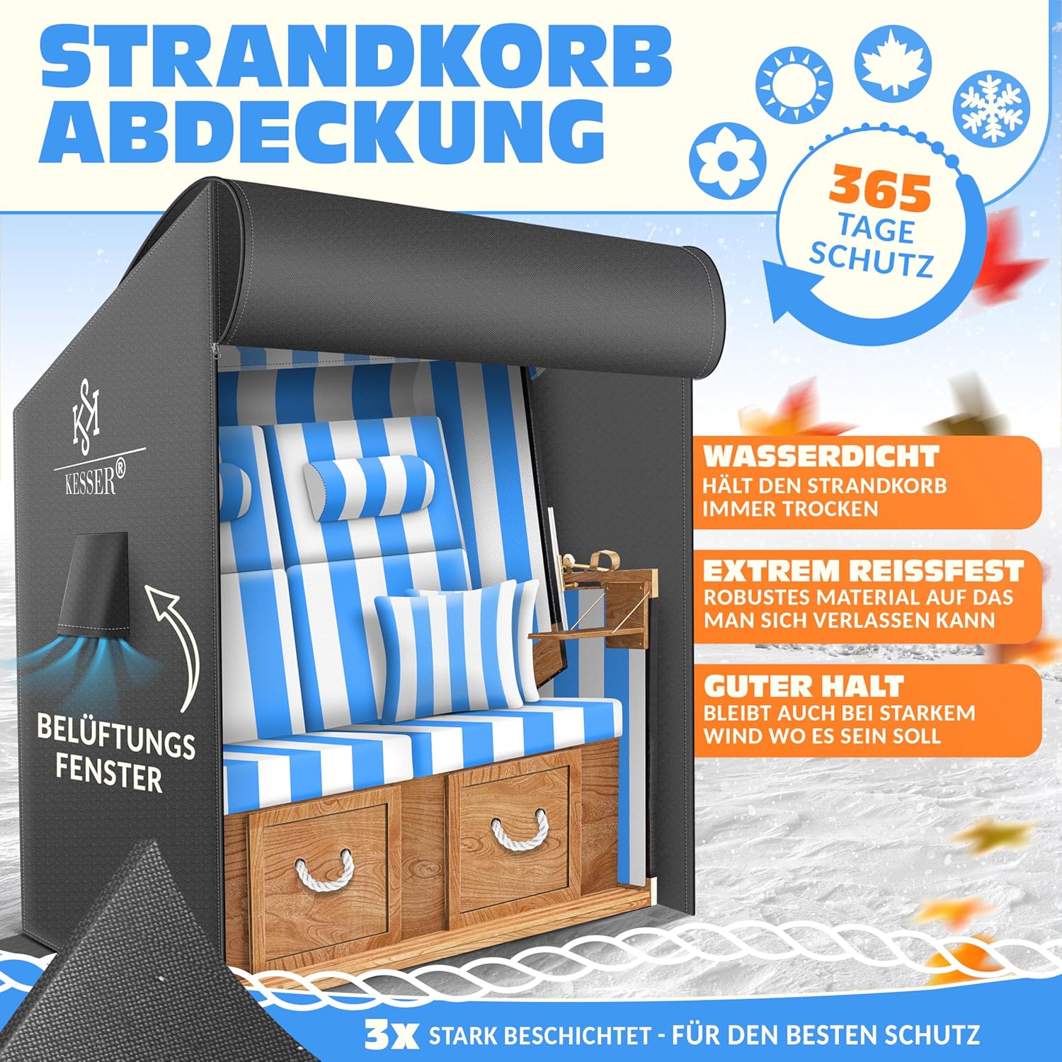 KESSER® Premium beschermhoes met ventilatieopeningen, waterdicht, winterbestendig, uv-bestendig, scheurvast, 600D Oxford-weefsel, 120 x 90 x 160 cm, antraciet