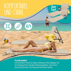 KESSER® Set van 2 opvouwbare strandmatten, met verstelbare rugleuning, draagriem, waterdichte tas en opslag, opvouwbare ligstoel voor strand, tuin en terras, elk 130 kg belastbaar