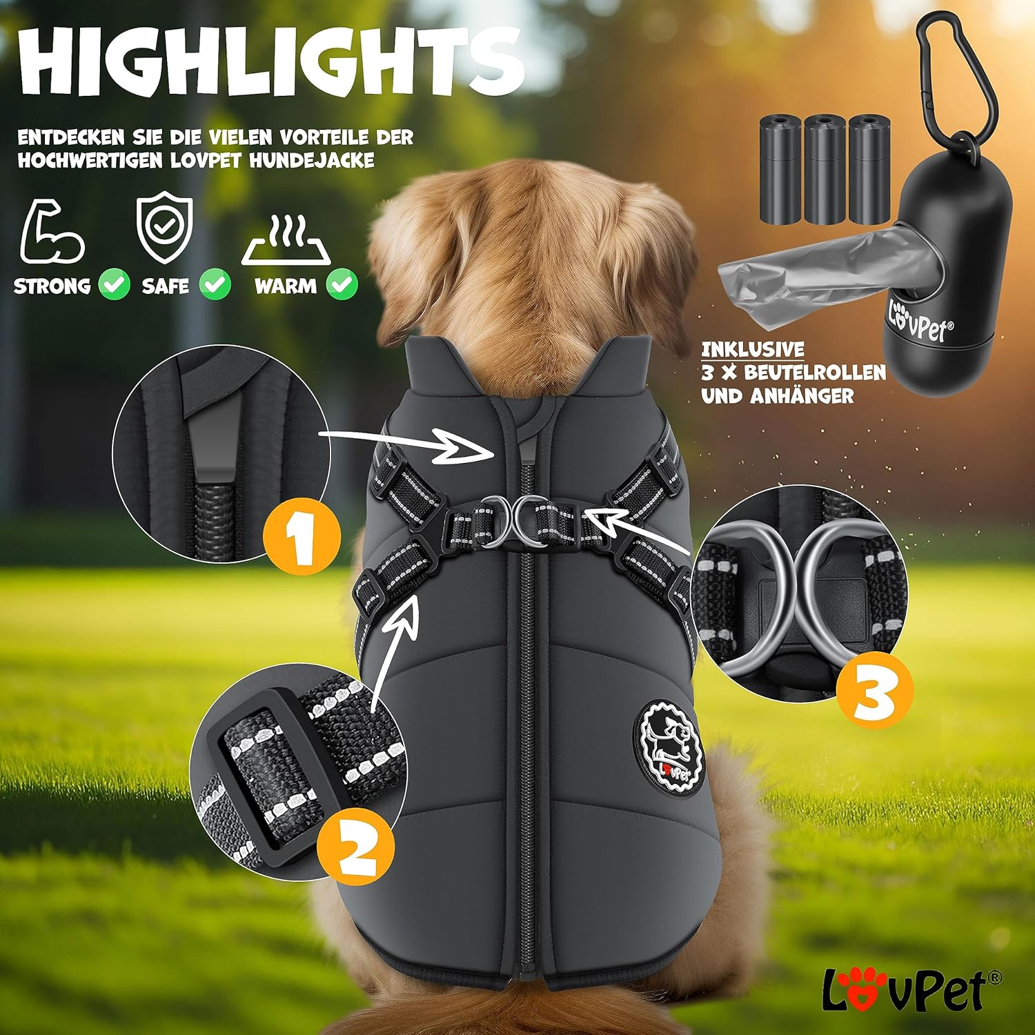 LOVPET Hondenjas, hondenjas met harnas, incl. 45 stuks poepzakken + dispenser, gevoerd wintervest, waterdicht, gevoerd vest met borstriem, reflectoren, D-ring 3XL, antraciet