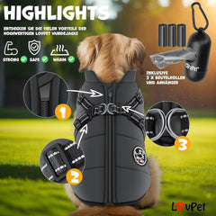 LOVPET Hondenjas, hondenjas met harnas, incl. 45 stuks poepzakken + dispenser, gevoerd wintervest, waterdicht, gevoerd vest met borstriem, reflectoren, D-ring 3XL, antraciet