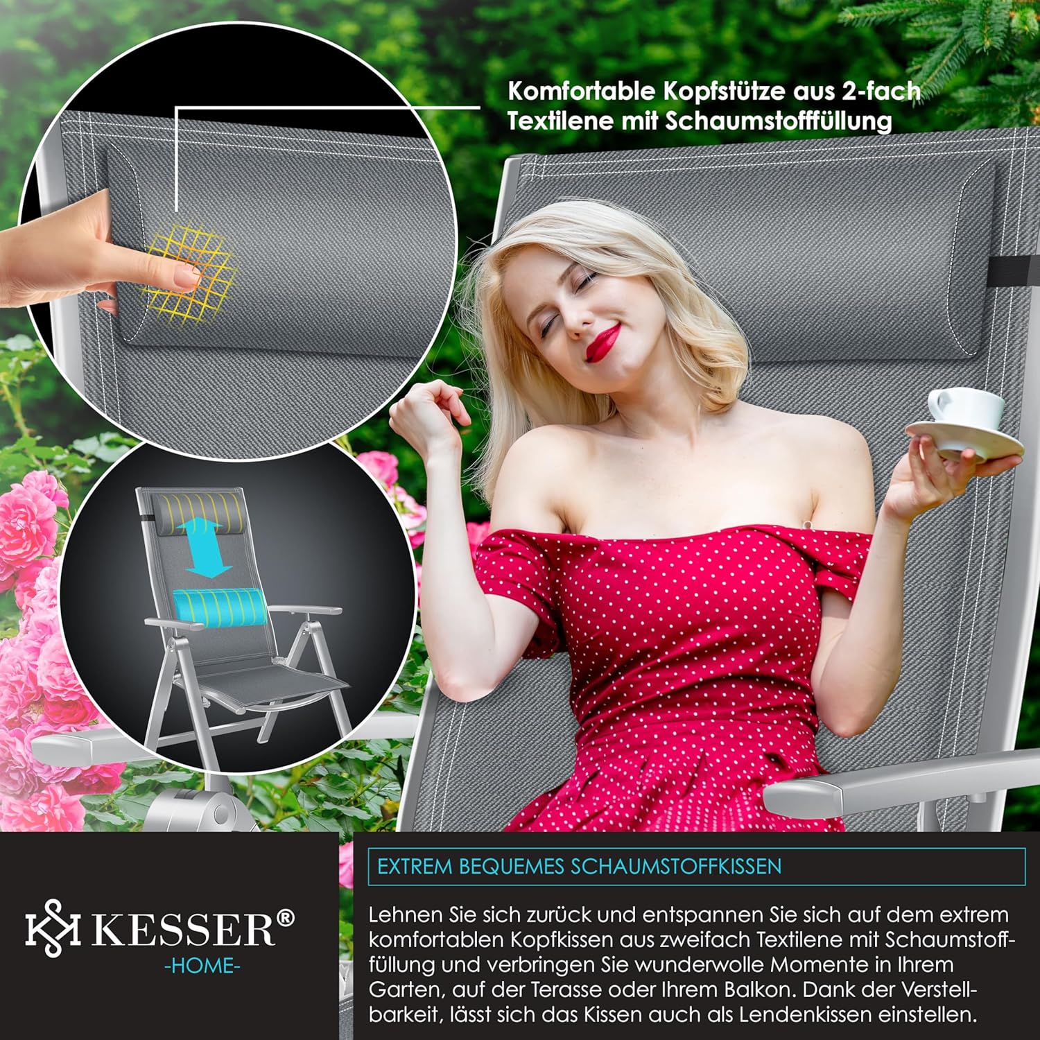 KESSER® Tuinstoel met hoge rugleuning met armleuningen, aluminium klapstoel met hoofdkussen en afdekking, campingstoel, 7-voudig verstelbare rugleuning, ademend en weerbestendig