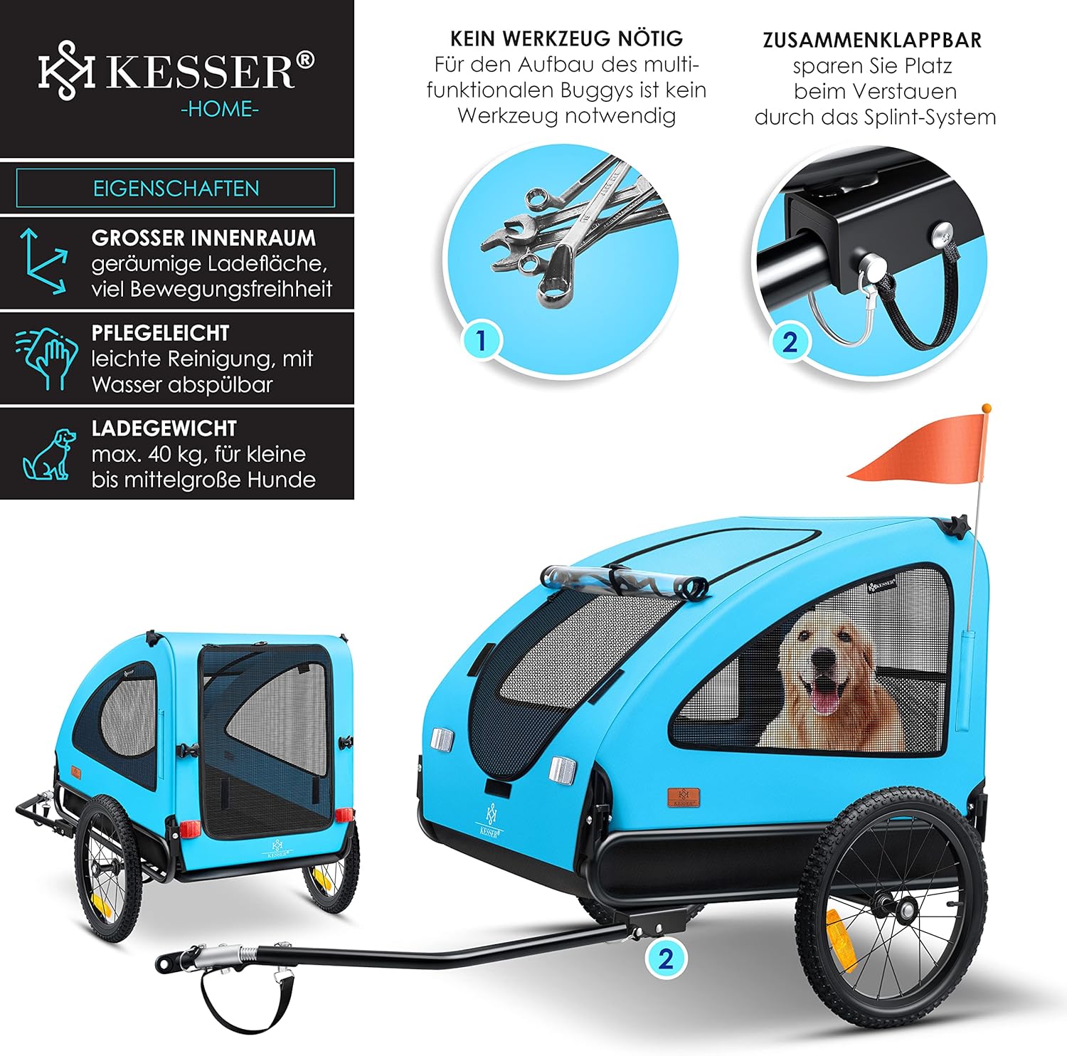 KESSER® Hundeanhänger Boxer 2-in-1 Hundebuggy Fahrradanhänger groß ca. 250L Volumen - Inkl. Fahne und Tasche - 600D Oxford Canvas, Klappbar SmartSpace Concept, max. 45kg