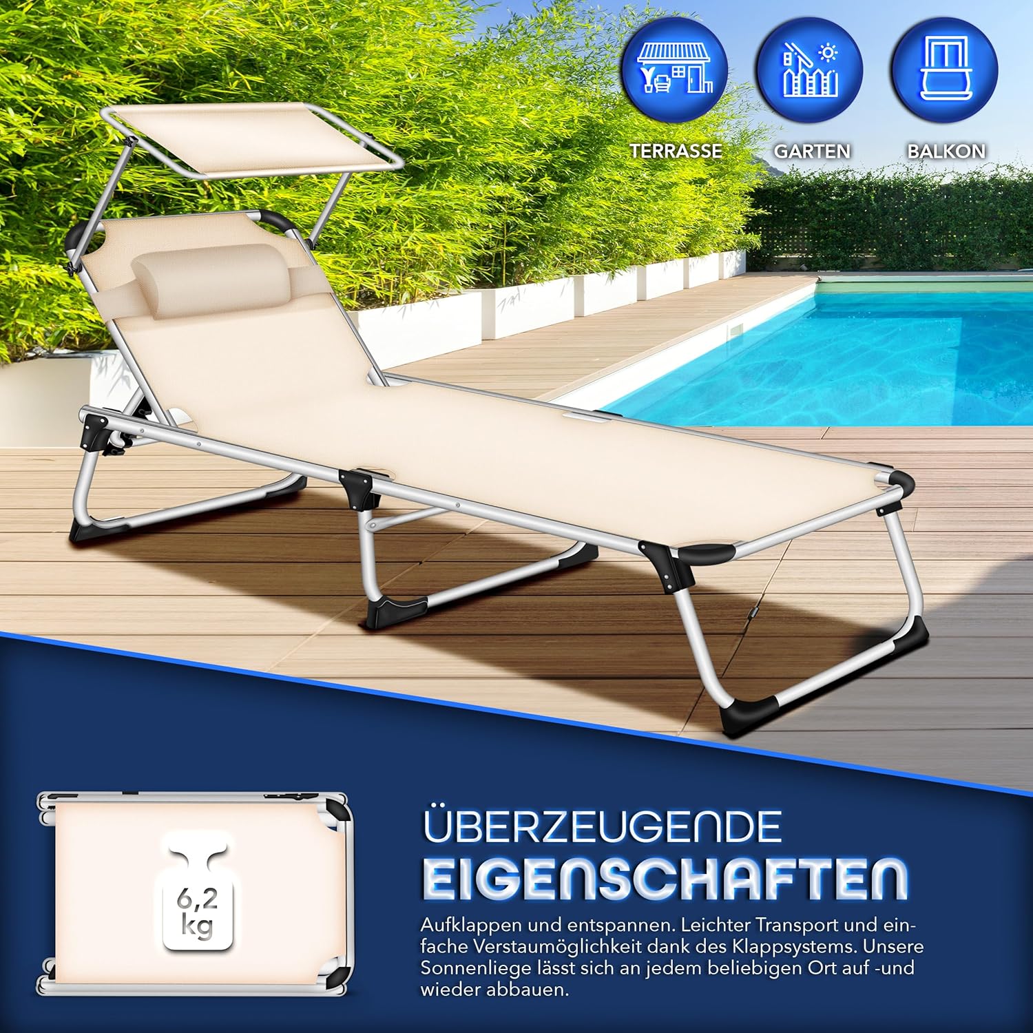Ligbed - Ligstoel - Zonnebed - Opvouwbaar - Beige - Tillvex®