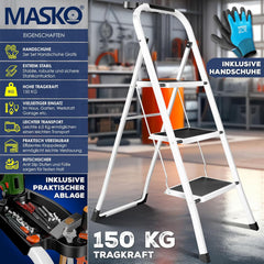 MASKO® Trapladder, vouwladder met 3 treden, belastbaar tot 150 kg, antislip, incl. handschoenen, gereedschapshouder en automatisch slot, wit