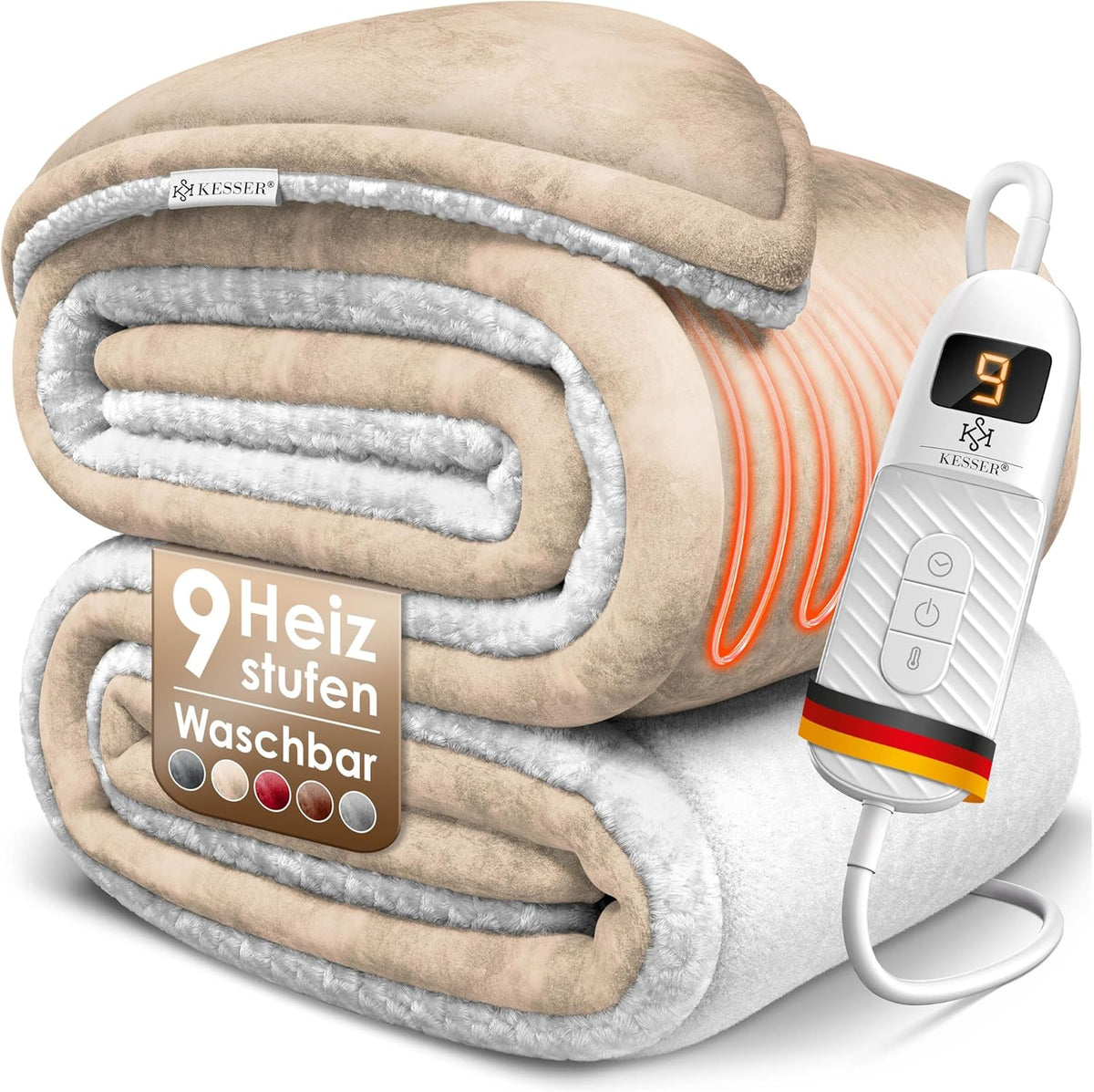 KESSER® Elektrische deken met automatische uitschakeling, 200 x 180 cm, dubbelzijdig elektrische warmtedeken, knuffeldeken, bed, bank, 9 temperatuurniveaus, wasbaar tot 40 °C, met timer, digitaal