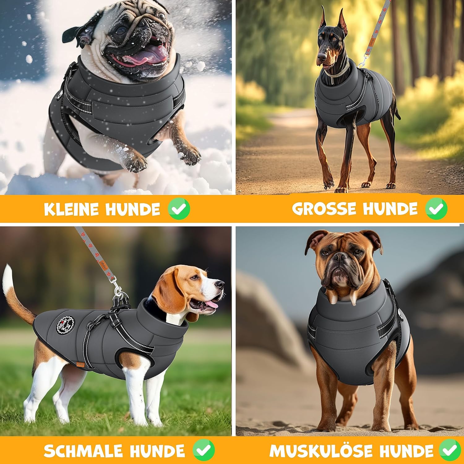 LOVPET Hondenjas, hondenjas met harnas, incl. 45 stuks poepzakken + dispenser, gevoerd wintervest, waterdicht, gevoerd vest met borstriem, reflectoren, D-ring 3XL, antraciet