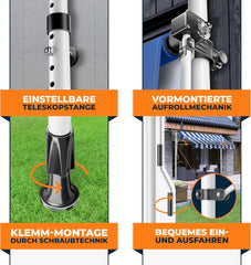 KESSER® Klemluifel - Balkonluifel zonder boren - 250x180cm - Verstelbaar - Blauw