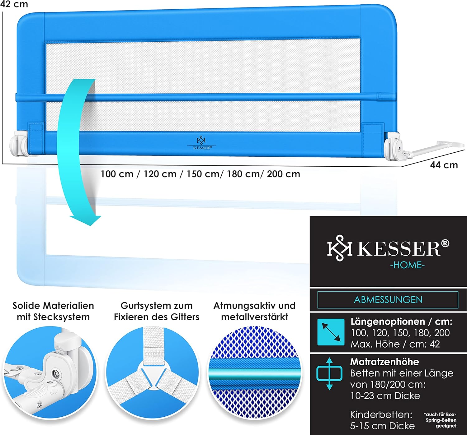 KESSER® Bedhek, 200 cm, bedhek, kinderbedhek, kinderbedhek, inklapbaar, draagbaar, kinderbedbeschermingshek, valbeveiliging, bed en ouderbed hoog: 42 cm, blauw