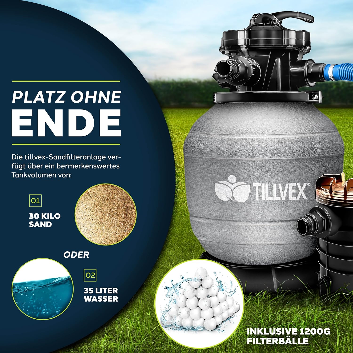 Tillvex® Zandfilter - Zandfilterpomp - 13200L/u - Grijs