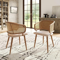 Eetkamerstoelen met rotan rugleuning, zitkussen van PU-leer, moderne en eenvoudige stijl, comfortabel en ademend, geschikt voor restaurants, woonkamer en cafés (2)