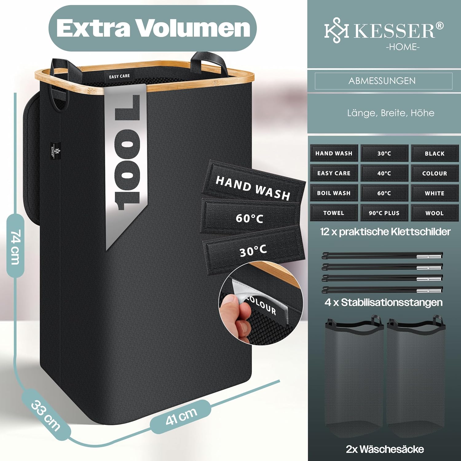 KESSER® Wasmand met deksel, opvouwbaar, 100 liter, wasbox, wasmand, wasverzamelaar met 2 x uitneembare waszakken, wassorteerder incl. wasvoorschriften zwart •