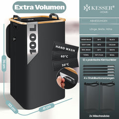 KESSER® Wasmand met deksel, opvouwbaar, 100 liter, wasbox, wasmand, wasverzamelaar met 2 x uitneembare waszakken, wassorteerder incl. wasvoorschriften zwart •