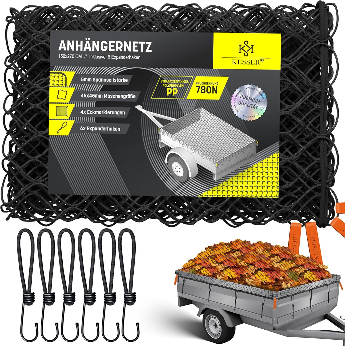 KESSER® Aanhangernet met spankabel - 1,5x2,7m - Zwart