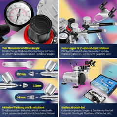 MASKO® Airbrush-set met compressor 4 bar incl. airbrush-pistolen | lakpistool complete set tattoo kunst schilderij | naalden & spuitmonden in accessoires | multifunctionele dubbele set met manomter en