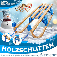 KESSER® Houten slee, premium kinderslee, opvouwbare kinderslee van beukenhout, incl. trekkoord, glijders, metalen glijders
