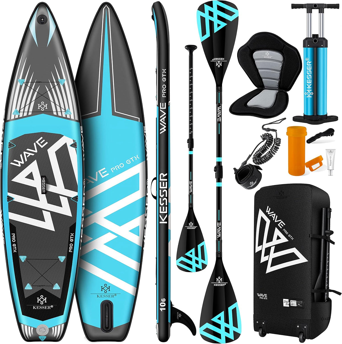 KESSER® Pro GTX Opblaasbaar SUP-board set met premium hogedrukpomp, transporttas, stand-up paddleboard, 320 x 76 x 15 cm, camhouder, surfboard, 6 inch dik, complete accessoires, 150 kg