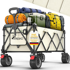 TRESKO® Bolderkar, opvouwbaar, 215 l, met rem, inklapbaar, 150 kg, incl. massief rubberen banden, opvouwbare strandwagen, extra brede all-terrain wielen, transportwagen met draagtas (beige)