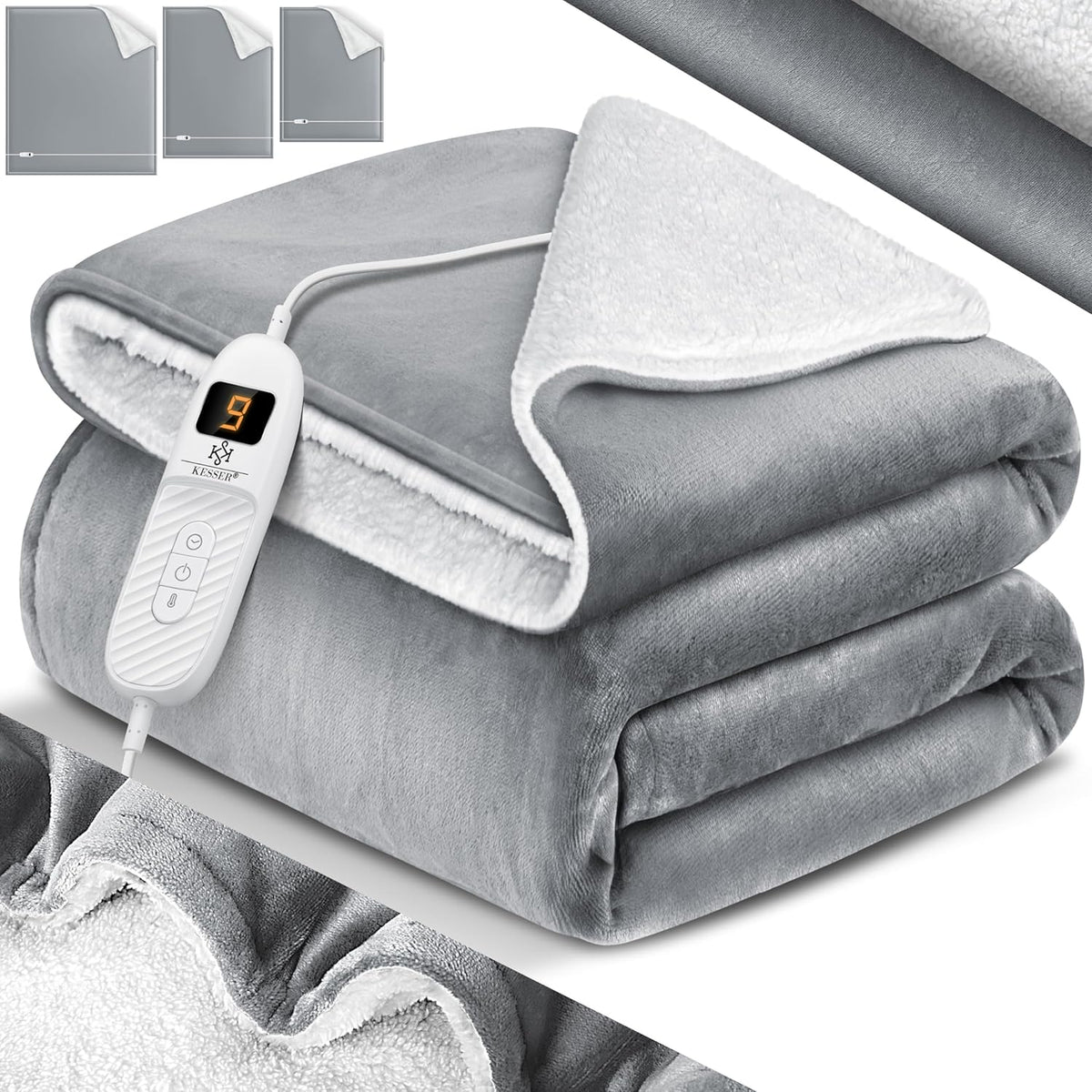 KESSER® Elektrische deken met automatische uitschakeling, 180 x 130 cm, dubbelzijdig elektrische warmtedeken, knuffeldeken, bed, bank, 9 temperatuurniveaus, wasbaar tot 40 °C, met timer, digitaal