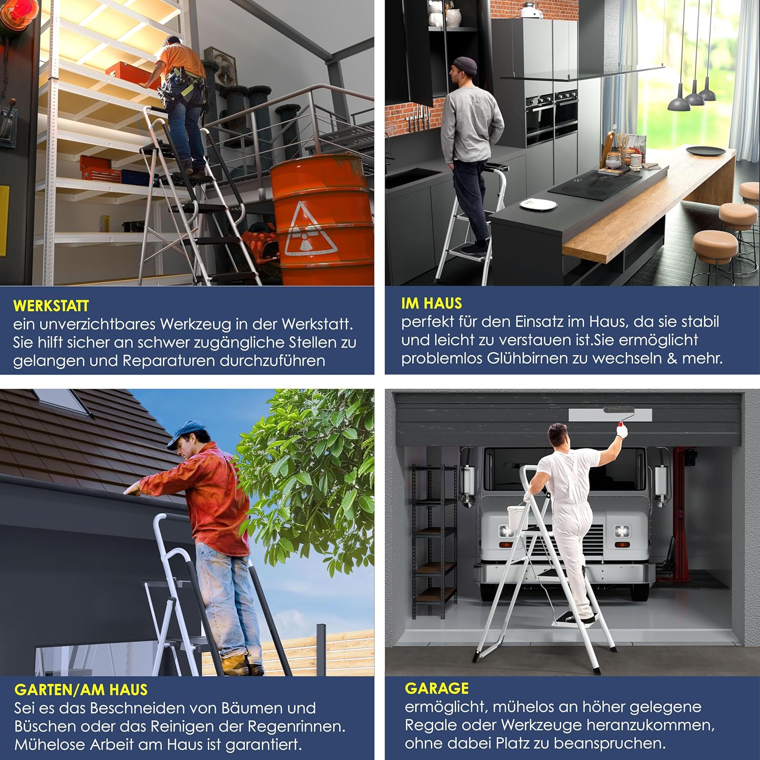 MASKO® Trapladder, vouwladder met 3 treden, belastbaar tot 150 kg, antislip, incl. handschoenen, gereedschapshouder en automatisch slot, wit