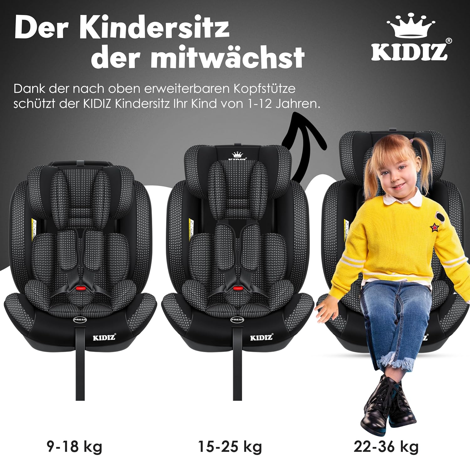 KIDIZ® Autostoeltje - 5-punts veiligheidsgordel - Zwart