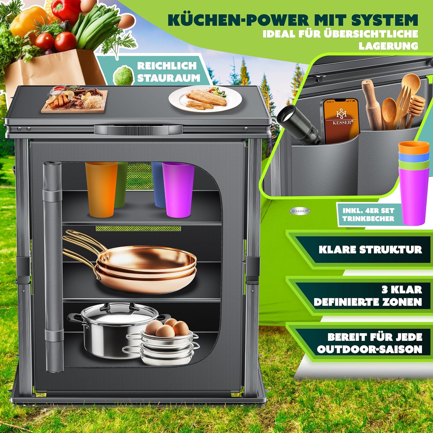 KESSER® Campingkeuken, opvouwbaar, outdoor campingkast, 60 x 80 cm, keukenkast met aluminium frame, 3 vakken incl. 4-delige bekerset, zijvakken en vliegengaas, campingkeuken van UV-bestendige stof