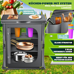 KESSER® Campingkeuken, opvouwbaar, outdoor campingkast, 60 x 80 cm, keukenkast met aluminium frame, 3 vakken incl. 4-delige bekerset, zijvakken en vliegengaas, campingkeuken van UV-bestendige stof