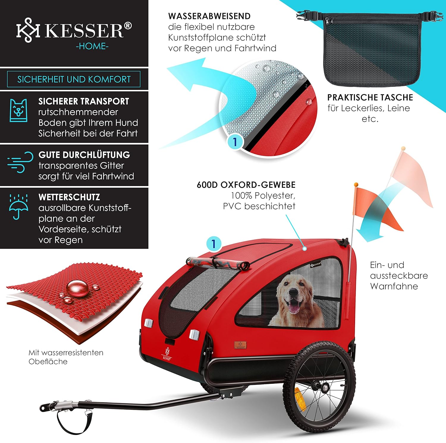 KESSER® Hundeanhänger Boxer 2-in-1 Hundebuggy Fahrradanhänger groß ca. 250L Volumen - Inkl. Fahne und Tasche - 600D Oxford Canvas, Klappbar SmartSpace Concept, max. 45kg