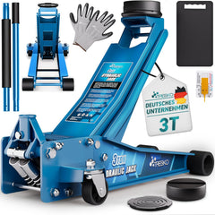 TRESKO Hydraulische krik 3T hefhoogte 75-510 mm | Hydraulische garagekrik voor auto, plat met dubbele zuiger & 360° wielen | krik auto incl. 2 x rubberen pad, beschermingsmat, handschoenen, profielmes, blauw