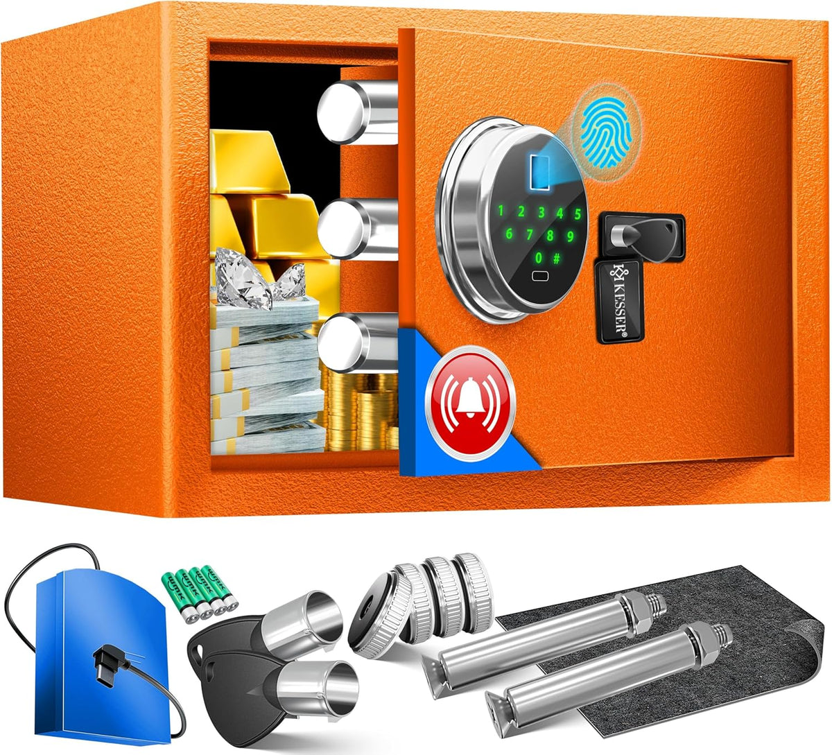 KESSER® Elektrische kluis met vingerafdruk & sleutel S | incl. noodbatterij | elektronische kluis | 3x dubbele boutvergrendeling | vloer wandkluis | meubelkluis | pantserkast cijferslot oranje