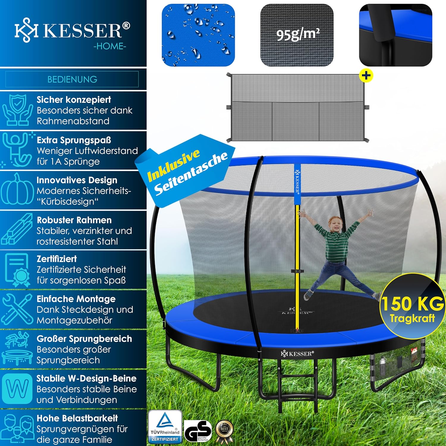KESSER® Trampoline Ø305 cm - Veiligheidsnet en Ladder - tot 150 kg belasting - Blauw