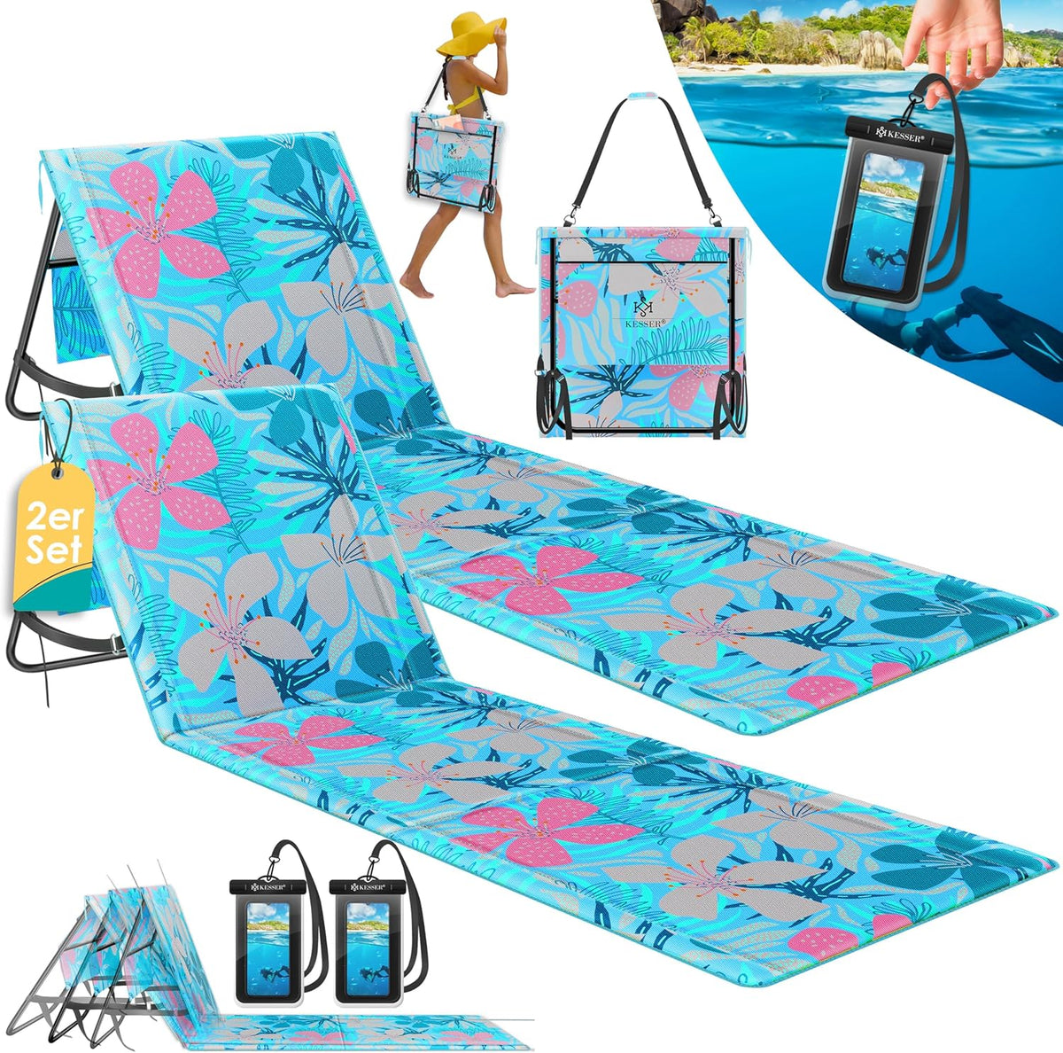 KESSER® Opvouwbare strandmatten - Ligstoel - Set van 2 - Blauw •