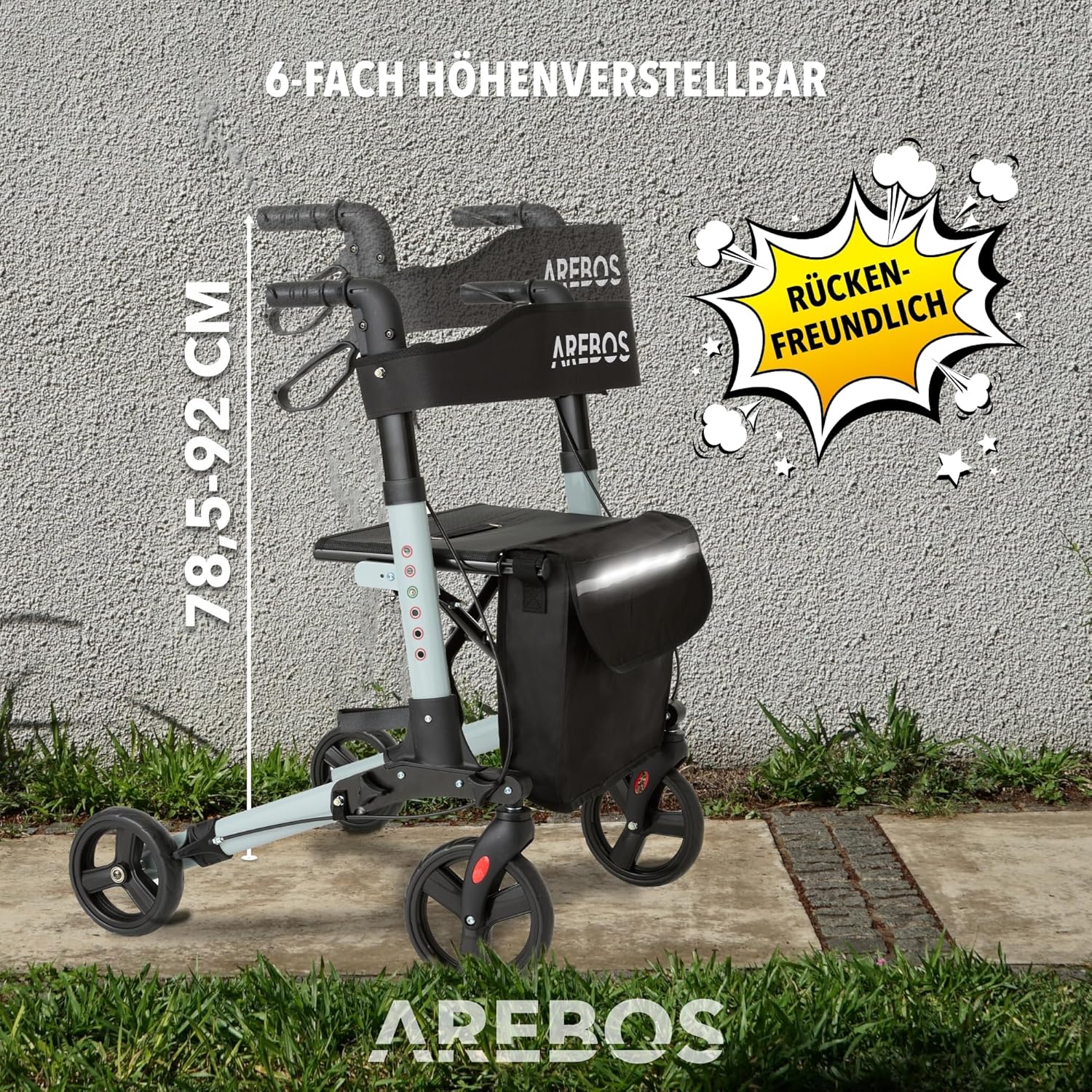 Arebos Lichtgewicht rollator van aluminium, 6-voudig in hoogte verstelbaar, opvouwbaar, incl. stokhouder en afneembare boodschappentas, loophulp met vastzetfunctie, zwart