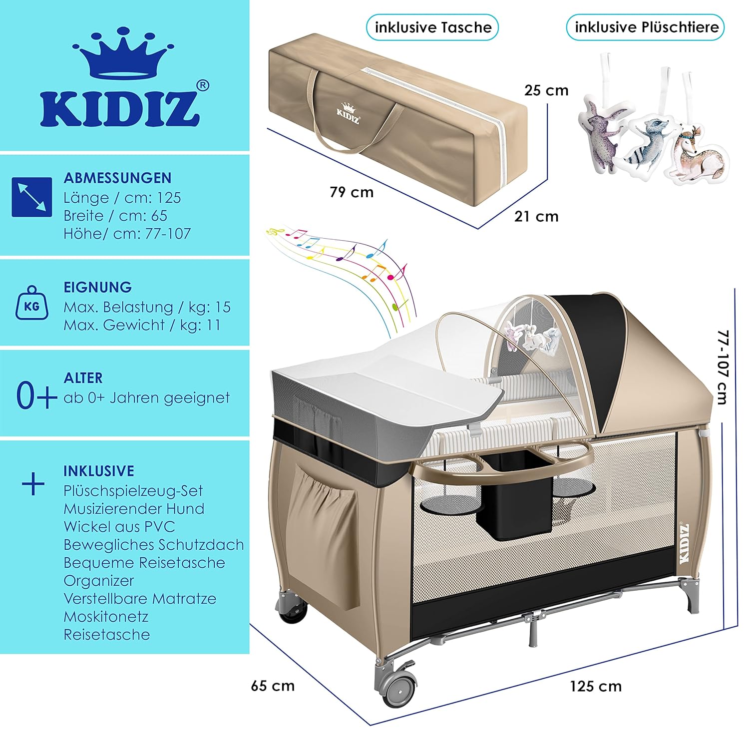KIDIZ® 3in1 Babybedje - Campingbedje - Ledikant  - Beige