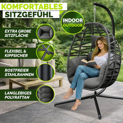tillvex® Hangstoel met frame, outdoor en weerbestendige afdekking incl. bevestiging, inklapbare hangmand tot 150 kg, hangstoel van rotan, hangstoel voor binnen, tuin, balkon, terras (antraciet) •