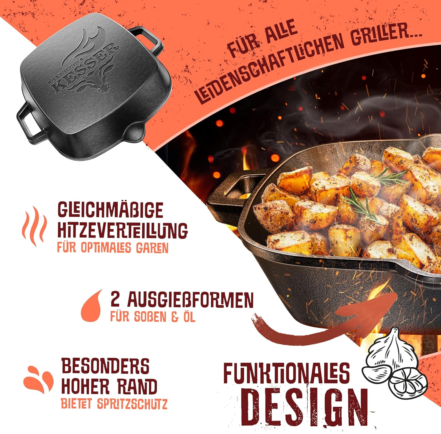 KESSER® Gietijzeren grillpan, inductie, 30 cm, gietijzeren pan, braadpan, gietijzeren pan voor gasgrill, oven, kolengrill, steakpan, incl. beschermende handgrepen, receptenboek en ringreiniger
