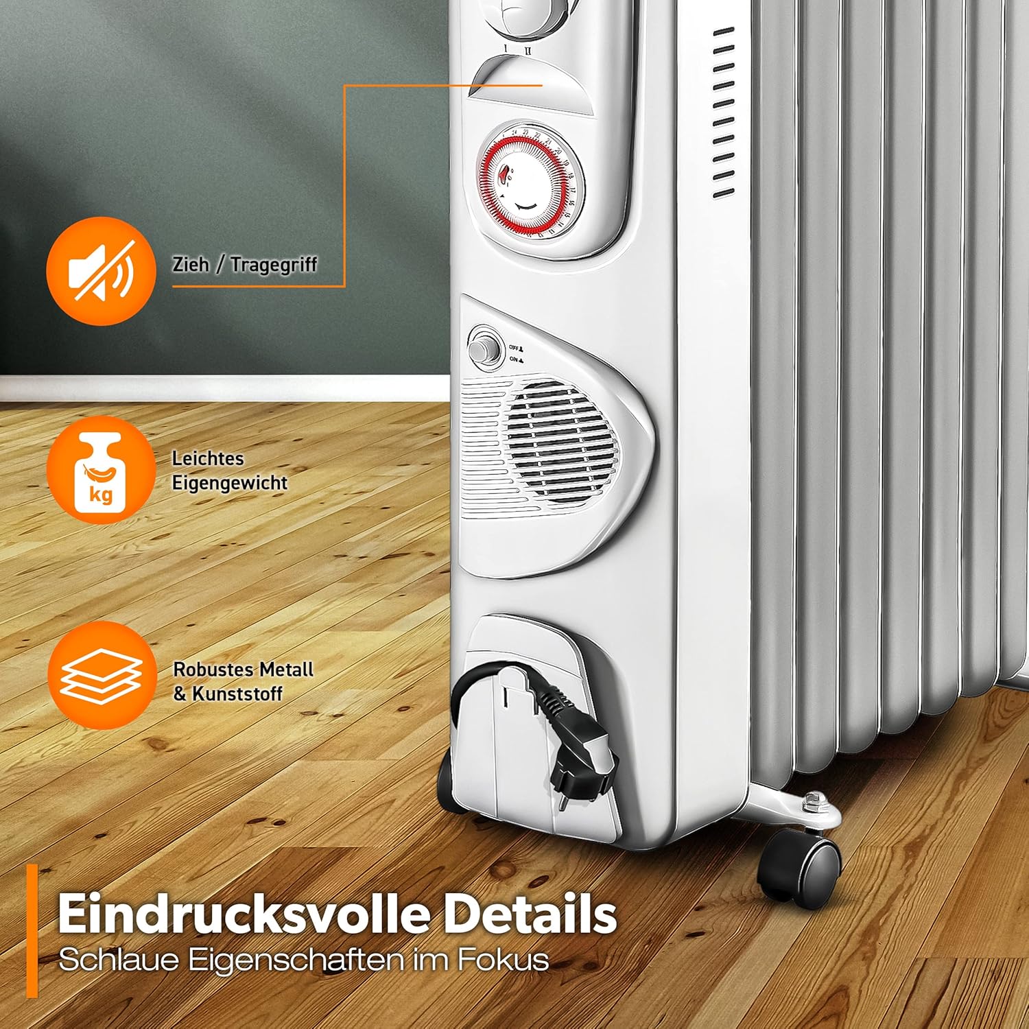 Olieradiator - 2500W Heater - Elektrische kachel - met Thermostaat - Wit - TRESKO®