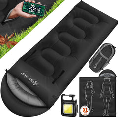 KESSER® Slaapzak voor buiten, dekenslaapzak, 3-4 seizoenen, campingslaapzak voor volwassenen en kinderen, licht, draagbaar, warm en waterafstotend, inclusief campinglamp en zijzak, zwart