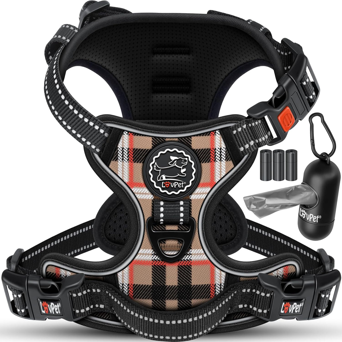 LOVPET® Hondentuigje zonder tocht en stikken voor kleine honden en puppy's, ademend en zacht, reflecterend, anti-trektuigje, inclusief zakrollen, verstelbaar harnas met handvat, beige, L