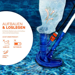 Zwembad vloerzuigerset, zwembadzuiger met zuigborstel, telescoopstang, opvangzak, tuinslangaansluiting, stofzuiger, Venturivloerstofzuiger, reinigingsborstel - tillvex