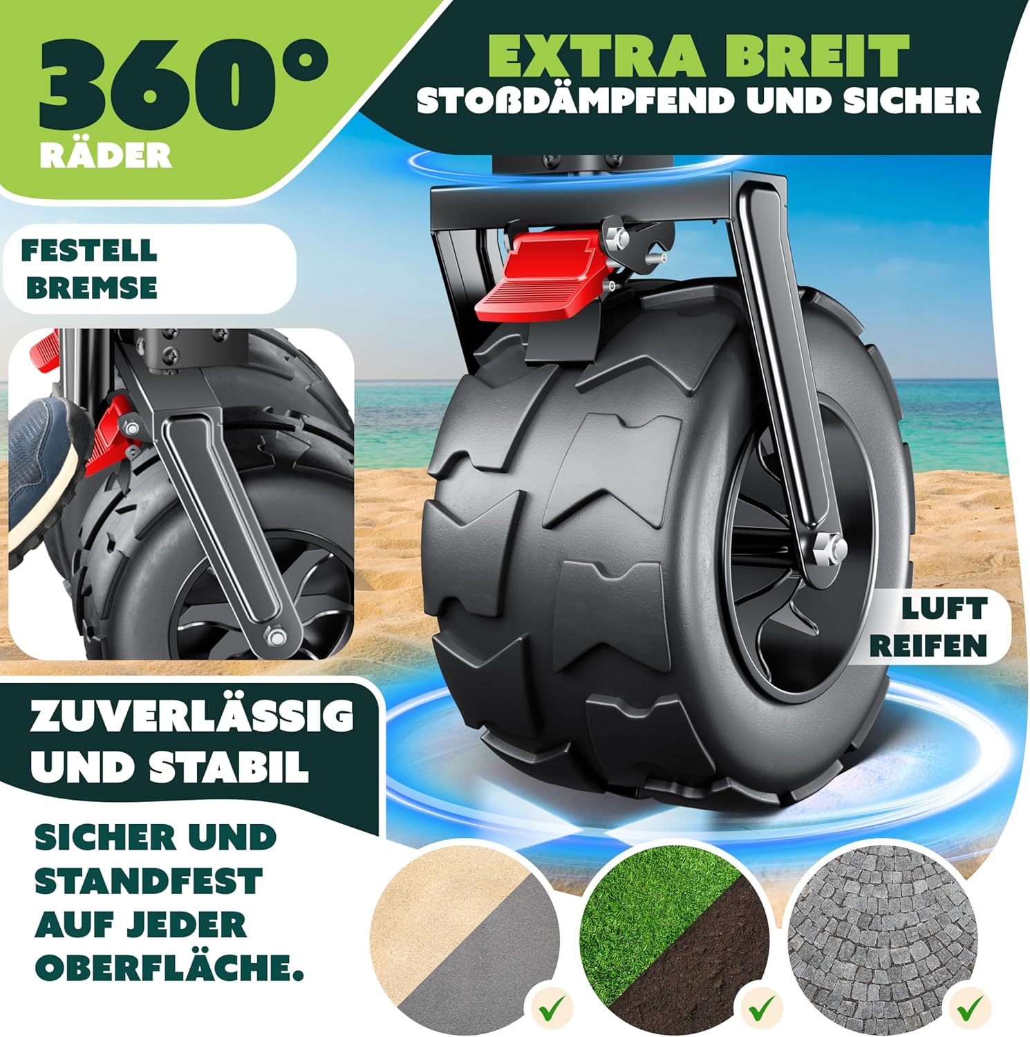 KESSER® Bolderkar, GTR9000, handwagen, 200 kg, 300 liter, opvouwbaar, brede 360° luchtwielen en parkeerremmen, weerbestendig, strandwagen, incl. afdekking, zijzak en bekerhouder