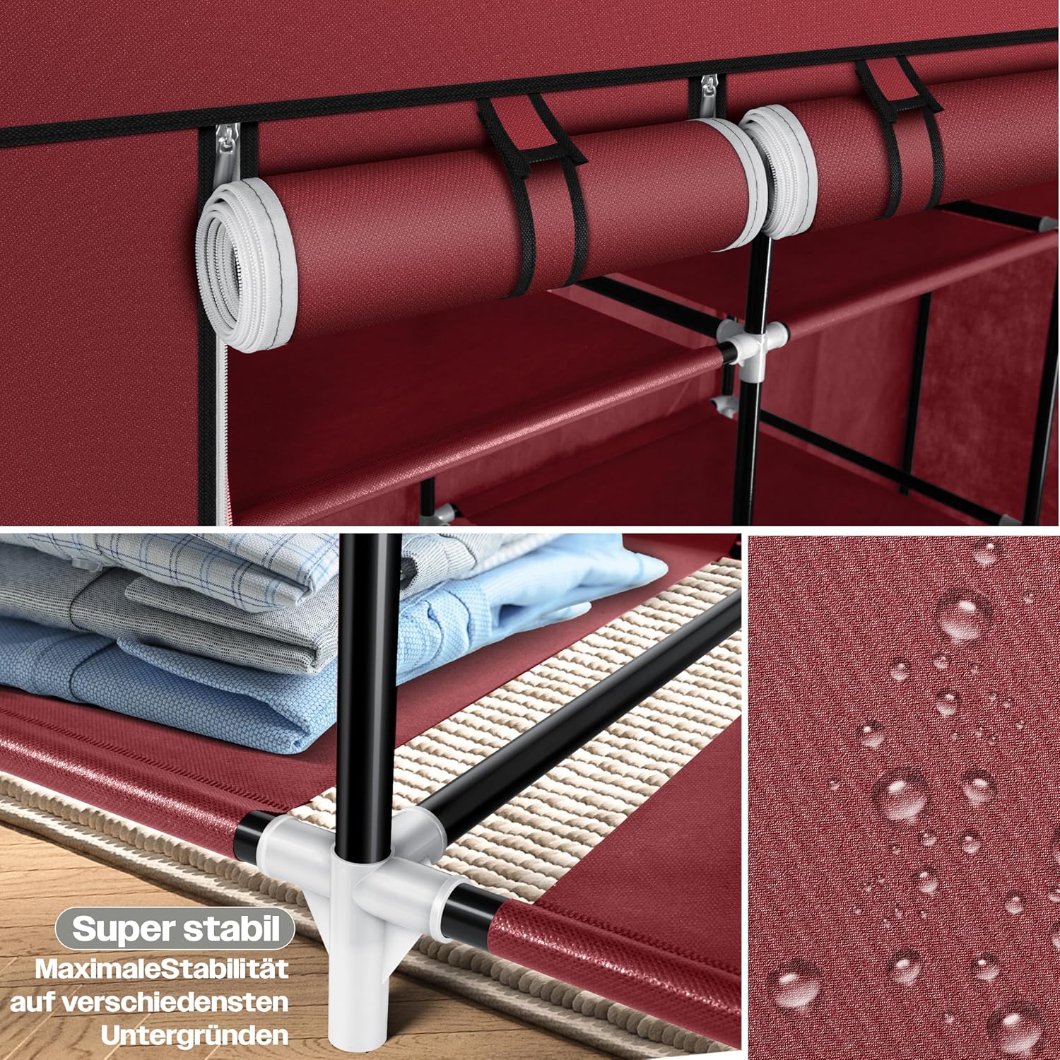 KESSER® Kledingkast stoffen kast stabiel met kledingstang en planken, incl. 5x kleerhangers, stoffen vouwkast voor slaapkamer, kleedkamer garderobe met kledingrek 150x45x175cm Bordeaux rood