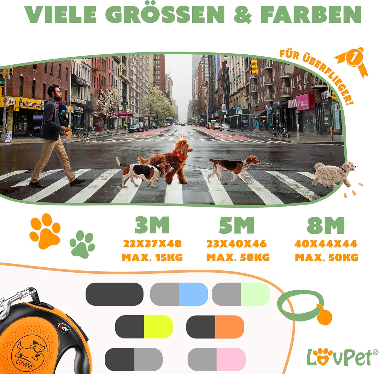 Lovpet® Hondenriem - Rollijn - 3 meter - Antislip - Oranje