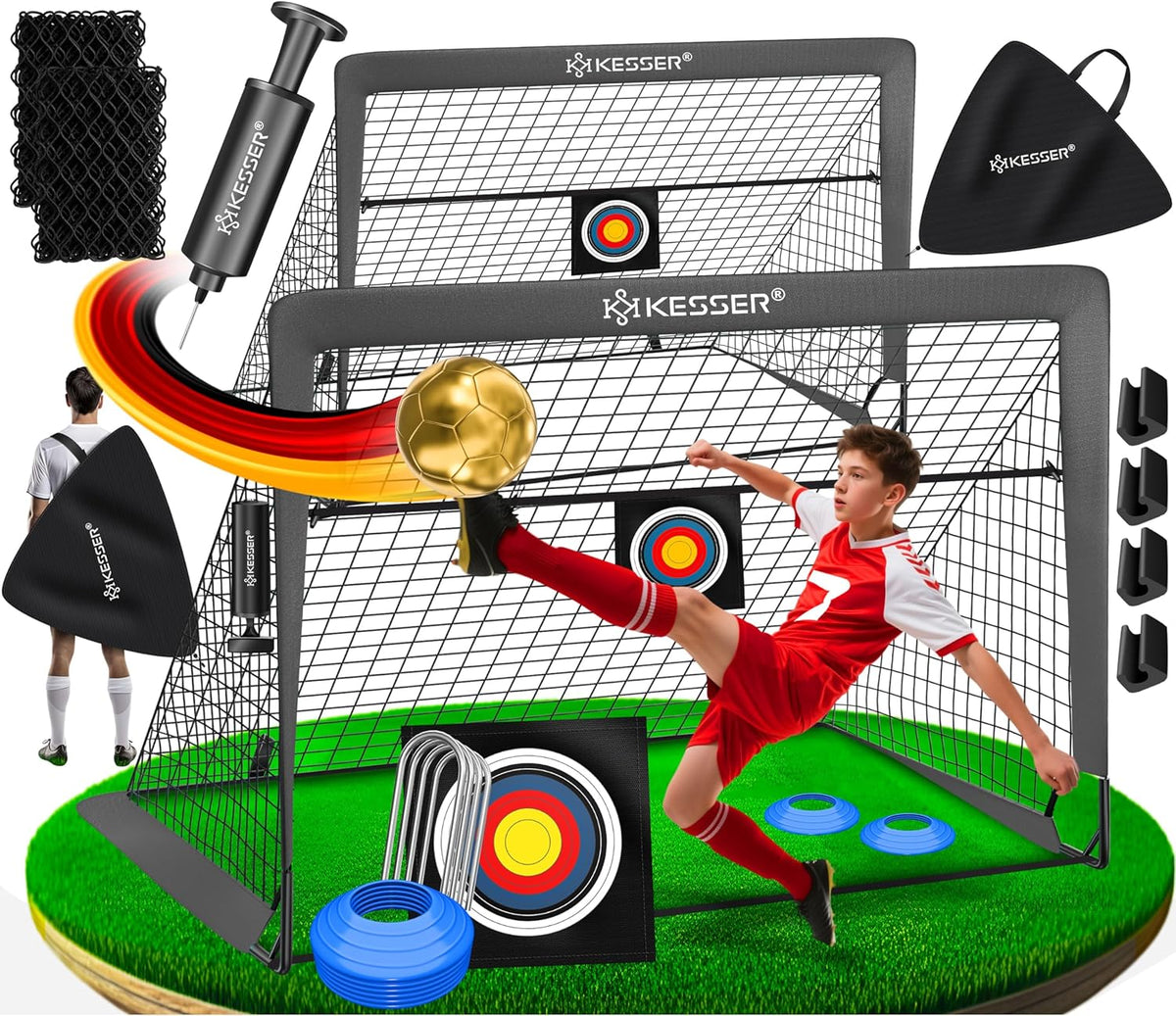 KESSER® Voetbaldoel voor kinderen, pop-up set van 2, 120 x 90 cm,  opvouwbaar, met glasvezelstangen en hoogwaardige doelnetten voor binnen, buiten en tuin, met transporttas, 6 x hoedjes, balpomp, schietschijf